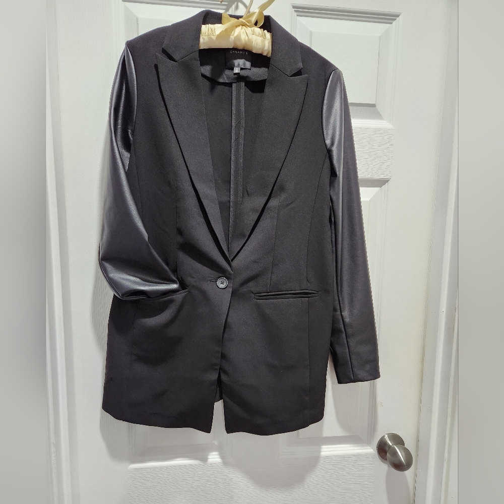 Blazer with Faux Leather Sleeves
